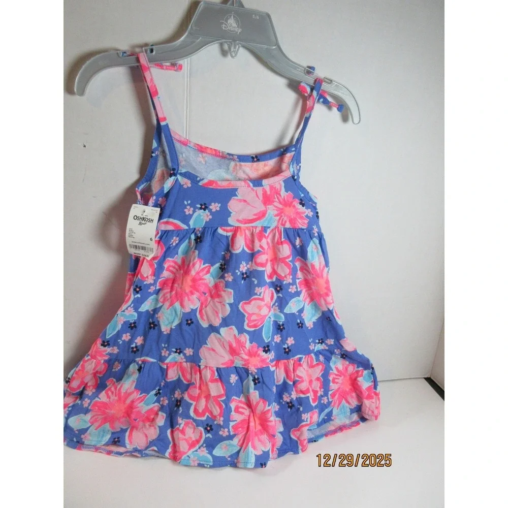 OshKosh B'gosh Girls Blue Floral Print Tank Dress Size 6 Adjustable Tie Straps